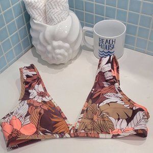 AERIE Brown/White/Orange Scoop Neck Bikini TOP ONLY - Medium